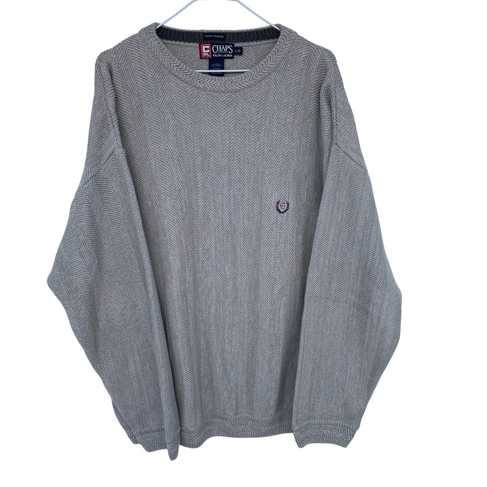 Vintage 90s Chaps Ralph Lauren Mens Herringbone Knit Sweater Lg Beige Crew Neck